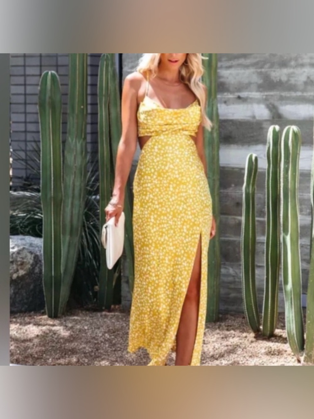 Vici - Yellow Floral Cutout Maxi Dress with Side Slit